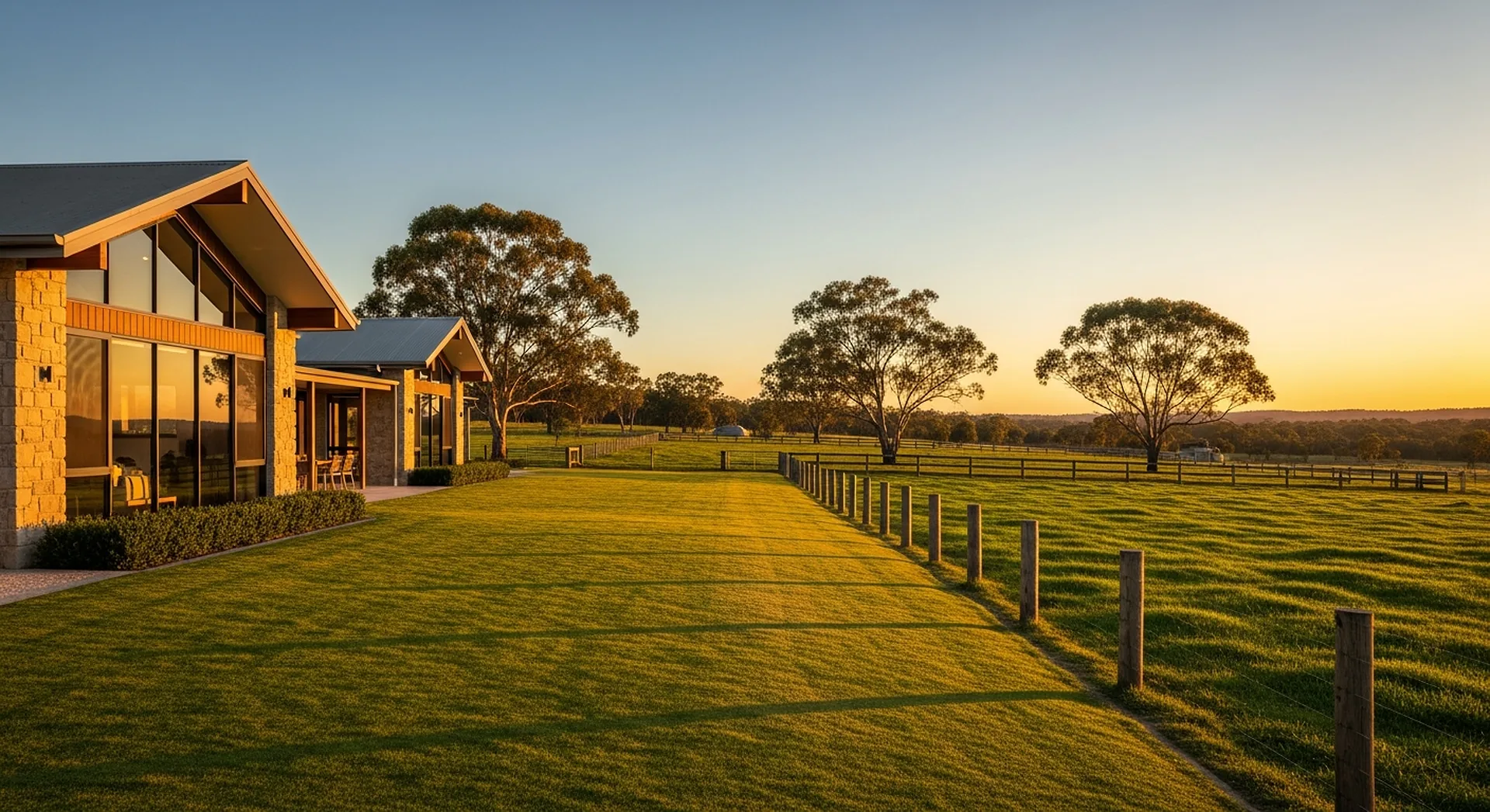 A modern Queensland rural acreage property among gum trees at sunset