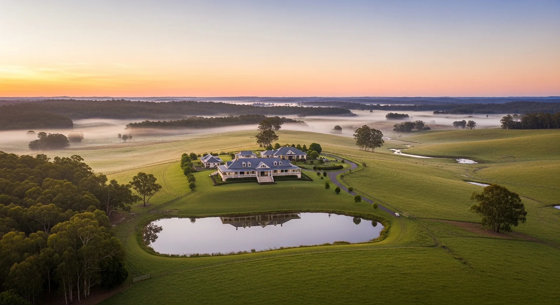 A Queensland country estate at dawn with a still reflective dam